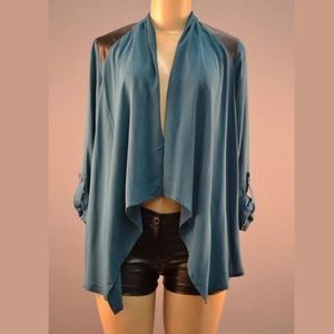 Faux Leather Shoulders Wrap Cardigan